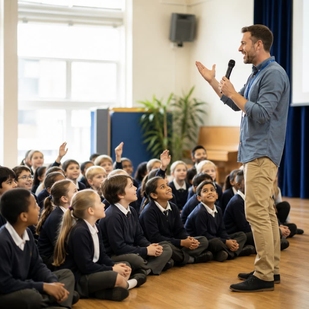 A speaker with a microphone addressing primary school pupils seated on the floor in a school hall, with several children raising their hands.