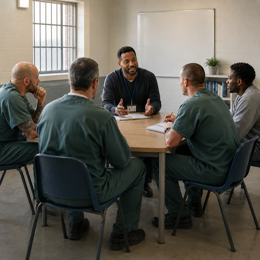 A facilitator leading a group discussion with participants seated around a table in a classroom within a custodial setting.