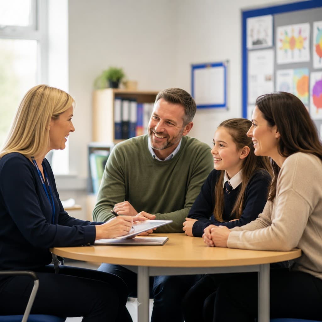 A member of school staff meeting with a parent, pupil, and family around a table in a bright school setting.