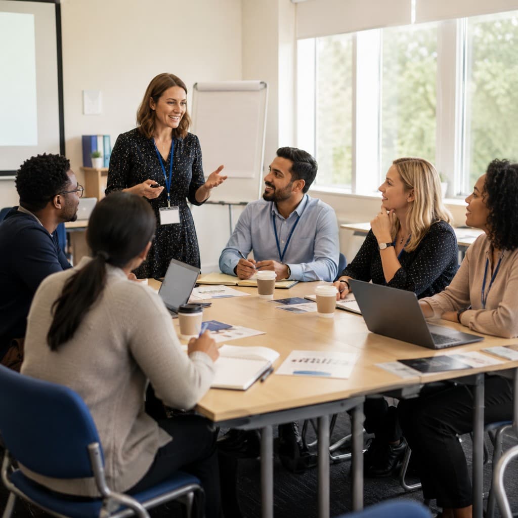 Colleagues taking part in a collaborative professional discussion around a meeting table in a modern office.